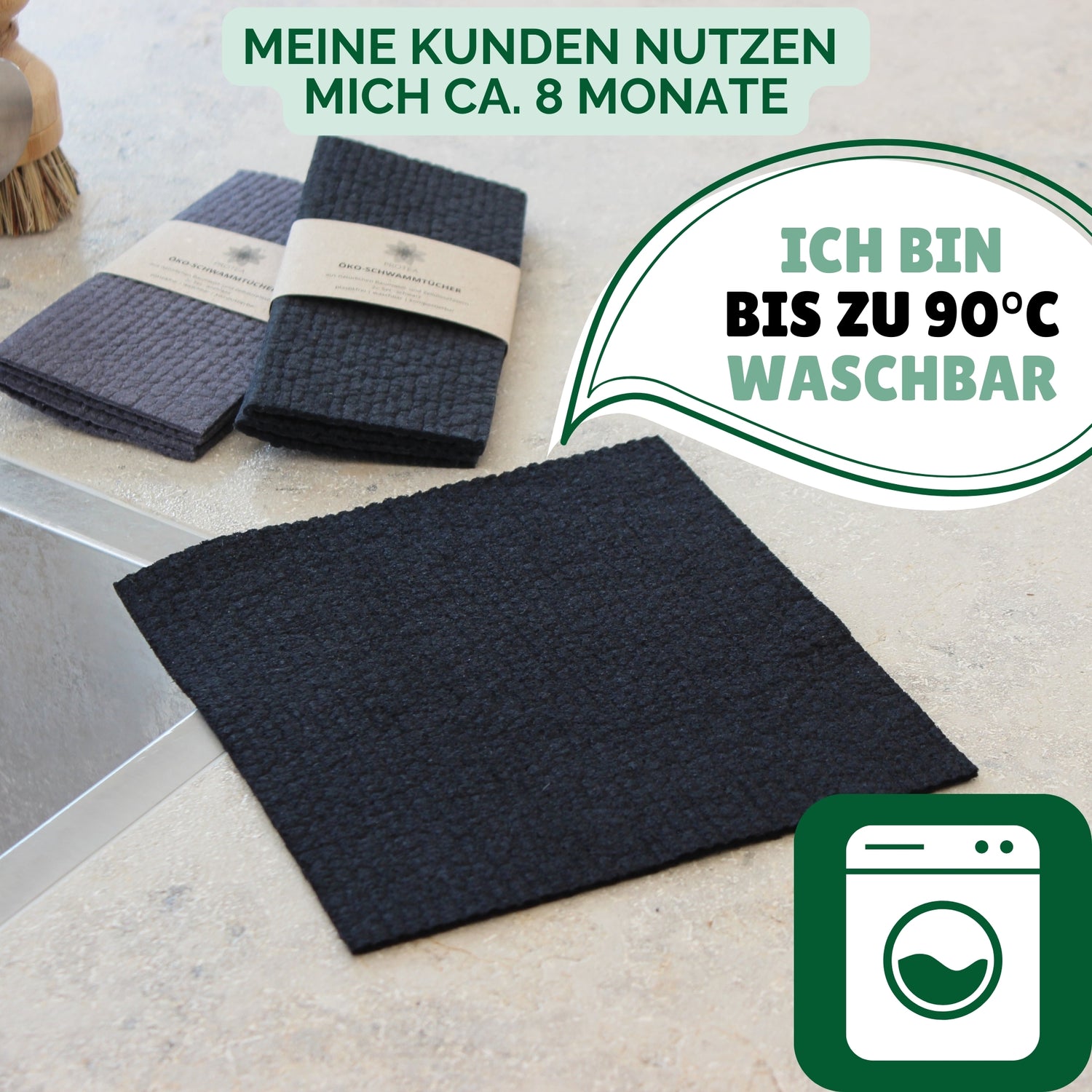 Die Öko-Schwammtücxher sind besonders langlebig und wiederverwendbar, indem sie einfach in der Waschmaschine gewaschen werden. SIe werden ca 8 Monate von unseren Kunden genutzt.