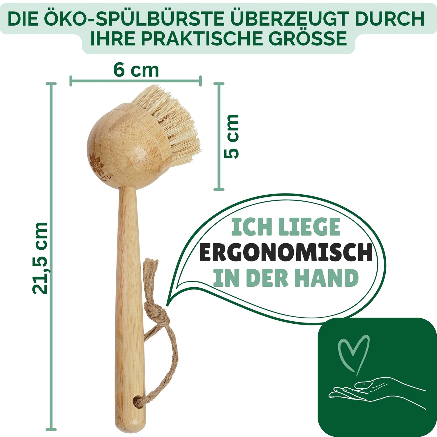 Unsere nachhaltige Spülbürste reinigt ohne zu zerkratzen beschichtete Pfanne, Töpfen und andere empfindliche Oberflächen. Die Geschirrbürste aus Holz ist besonders ergonomisch geformt und angenehm in der Hand.