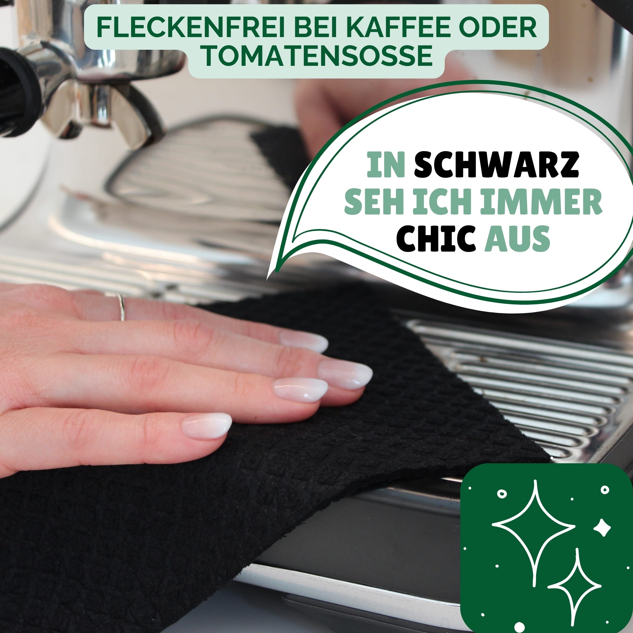 Die Protea Schwammtücher sehen in schwarz immer chic aus und bleiben fleckenfrei bei Kaffee oder Tomatensosse.