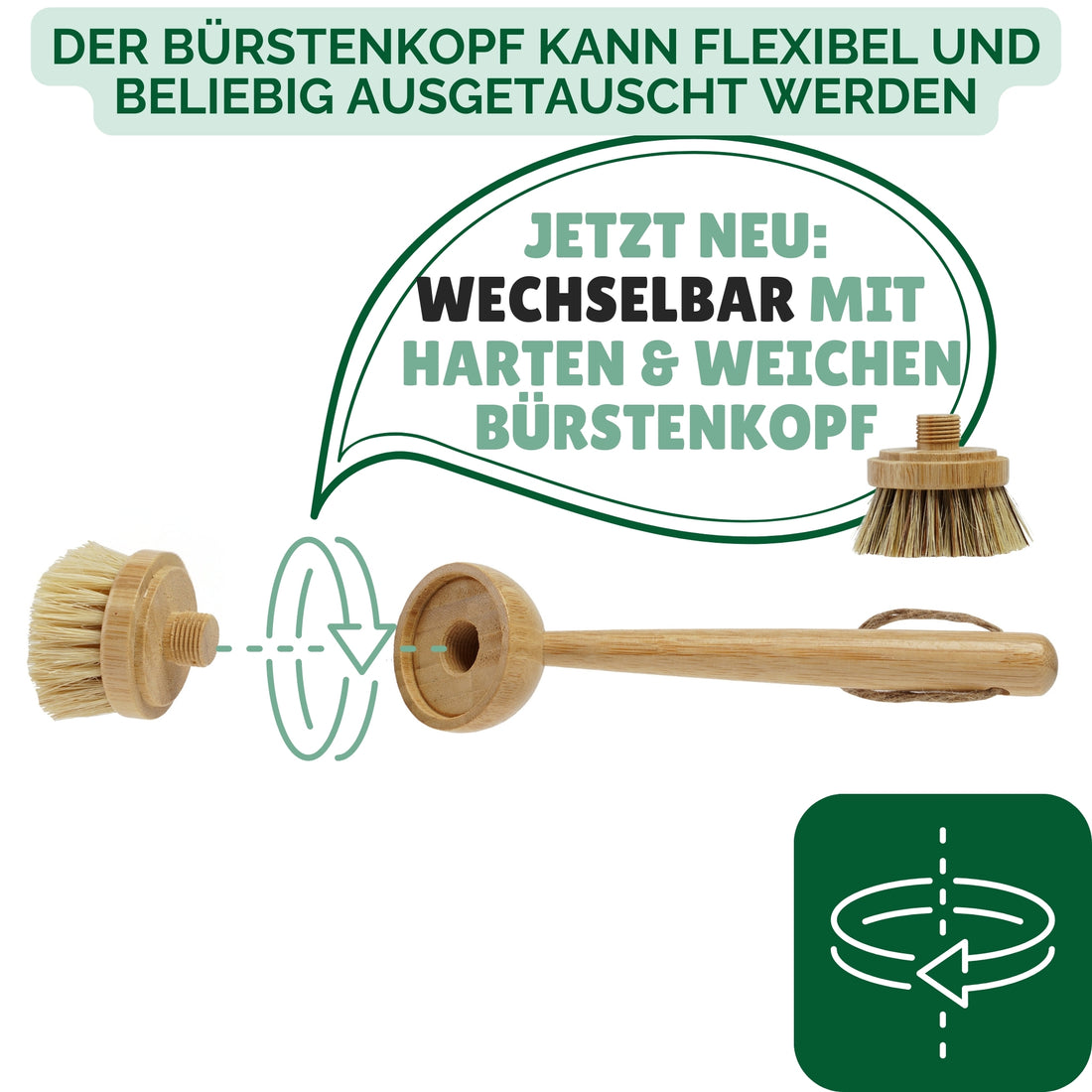 Unsere Spülbürste ist besonders langlebig und nachhaltig, da der Bürstenkopf aus Holz einfach ausgewechselt werden kann.