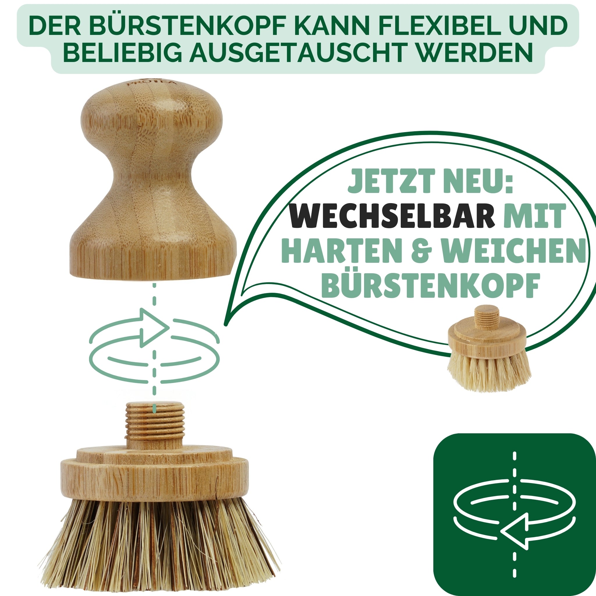 Unsere Topfbürste ist besonders langlebig und nachhaltig, da der Bürstenkopf aus Holz einfach ausgewechselt werden kann.