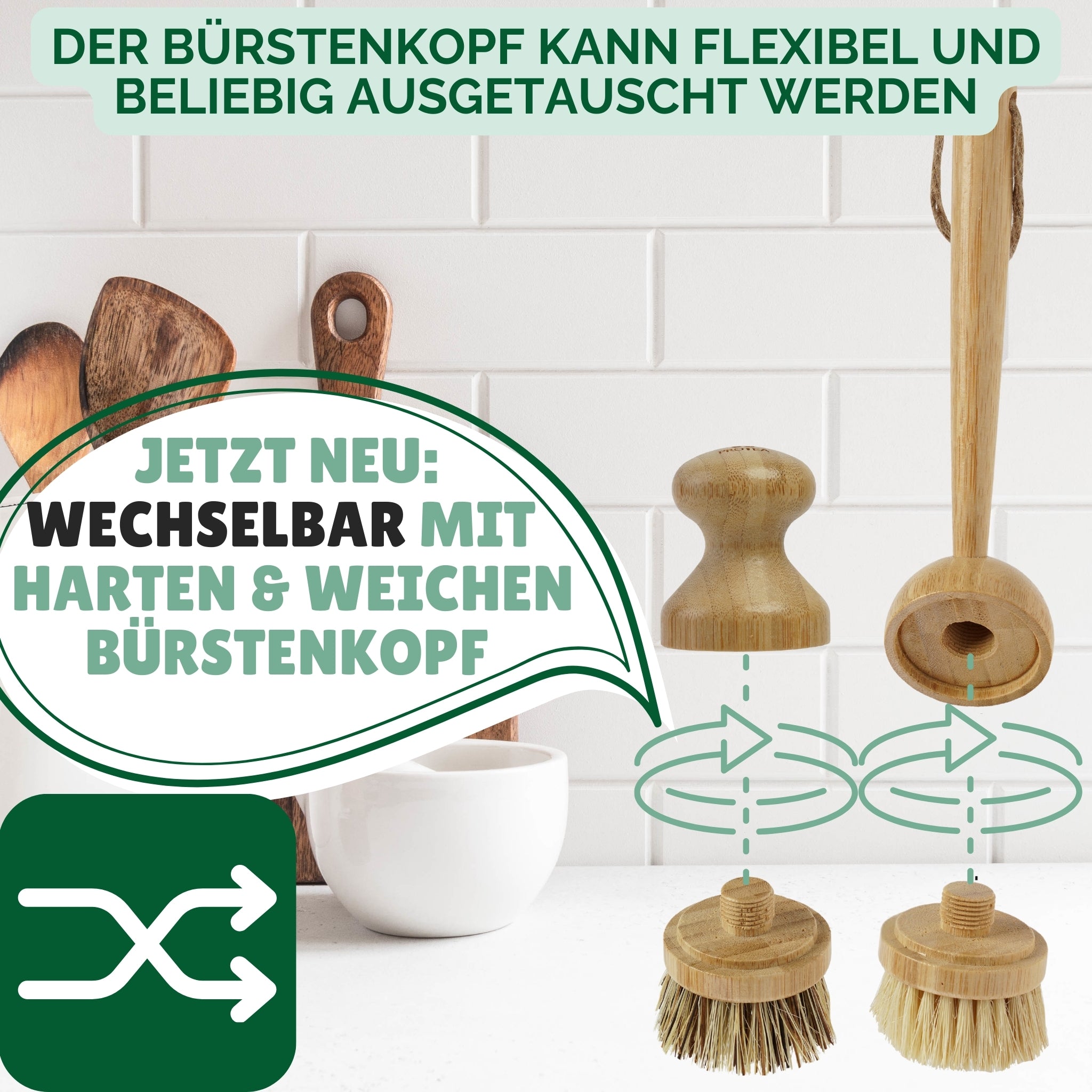 Küchenbürsten aus Holz mit Naturborsten, 4er Set