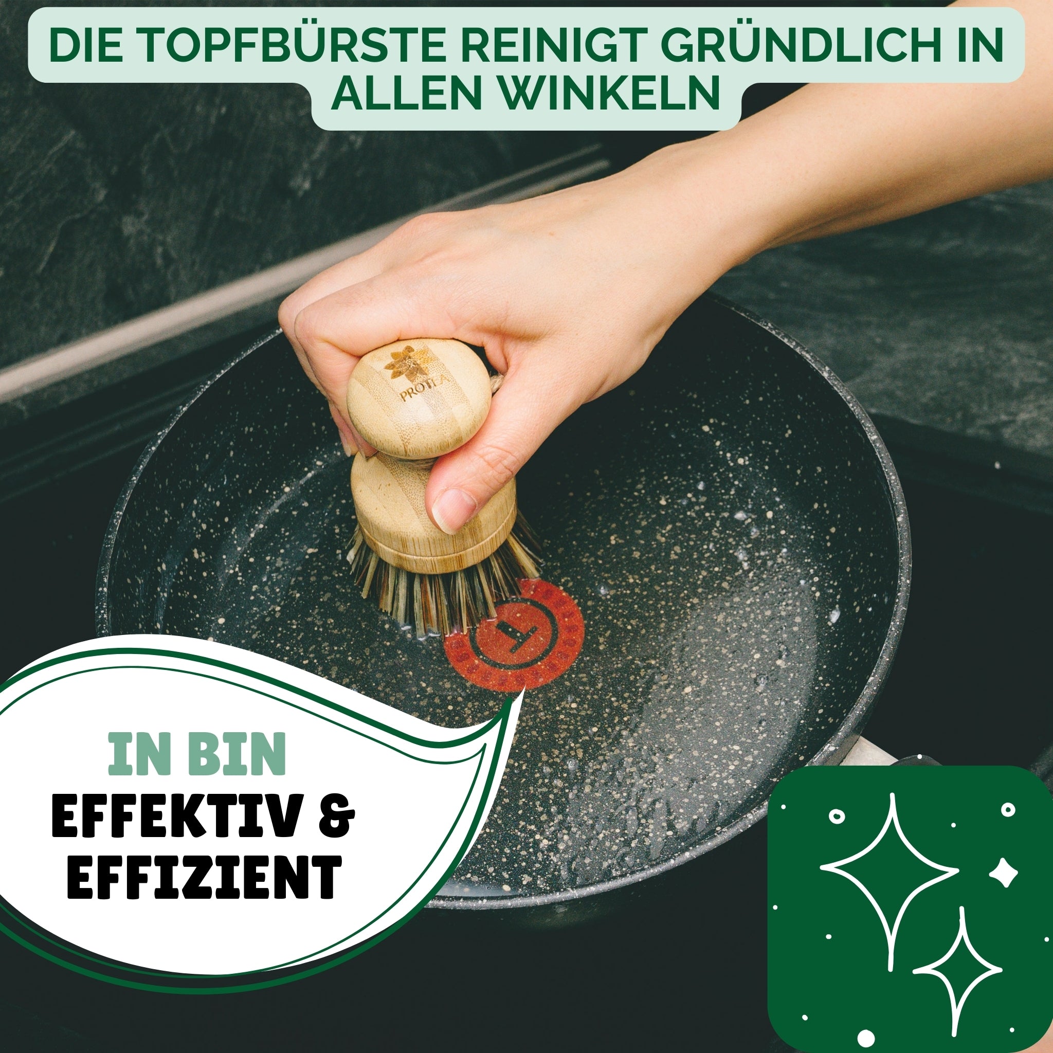 Unsere Topfbürste ist super für Verschmutzungen in Töpfen und Pfannen und reinigt ohne zu zerkratzen. Gleichzeitig schützt es deine Hände beim Spülen.