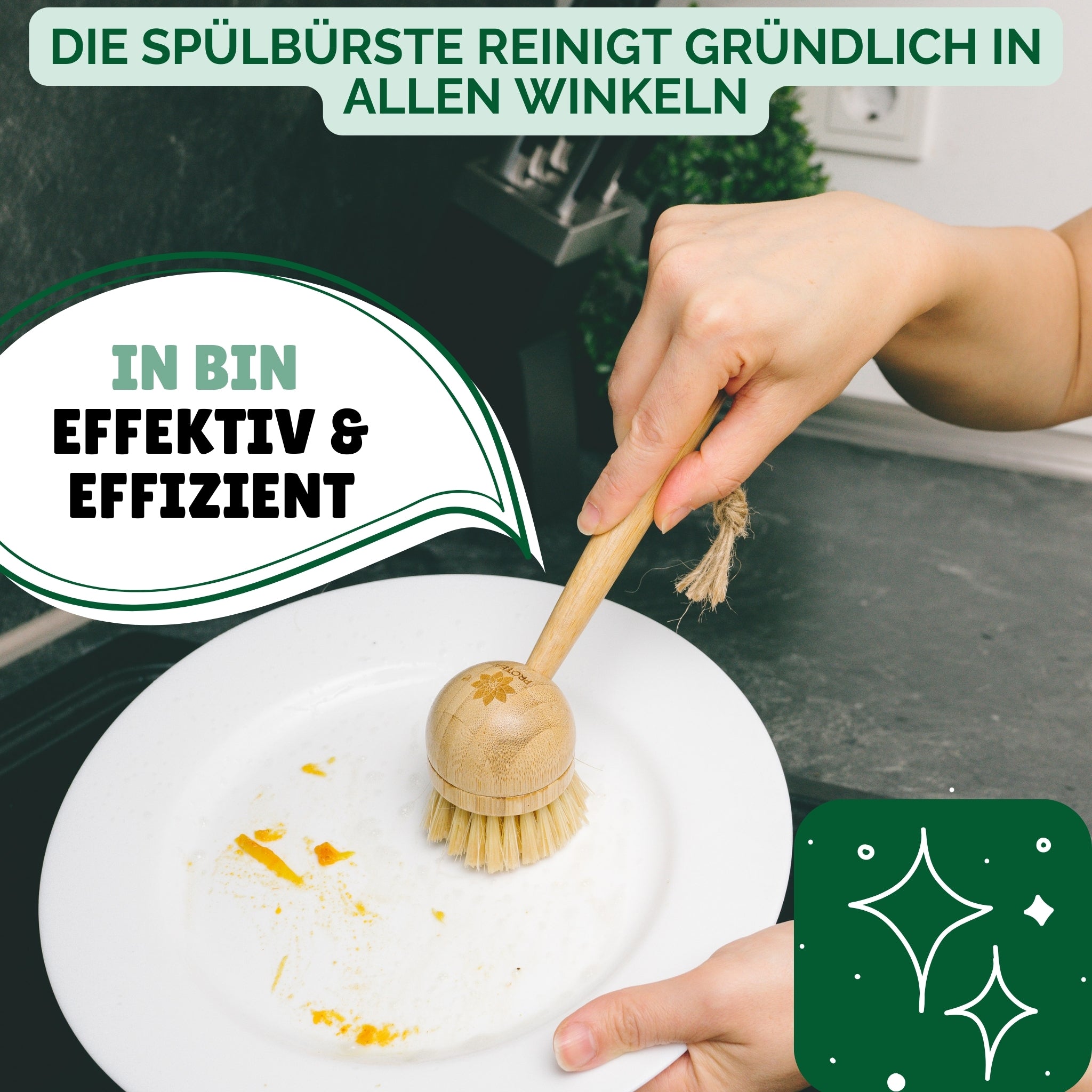 Unsere Spülbürste ist super für Verschmutzungen in Töpfen und Pfannen und reinigt ohne zu zerkratzen. Gleichzeitig schützt es deine Hände beim Spülen.