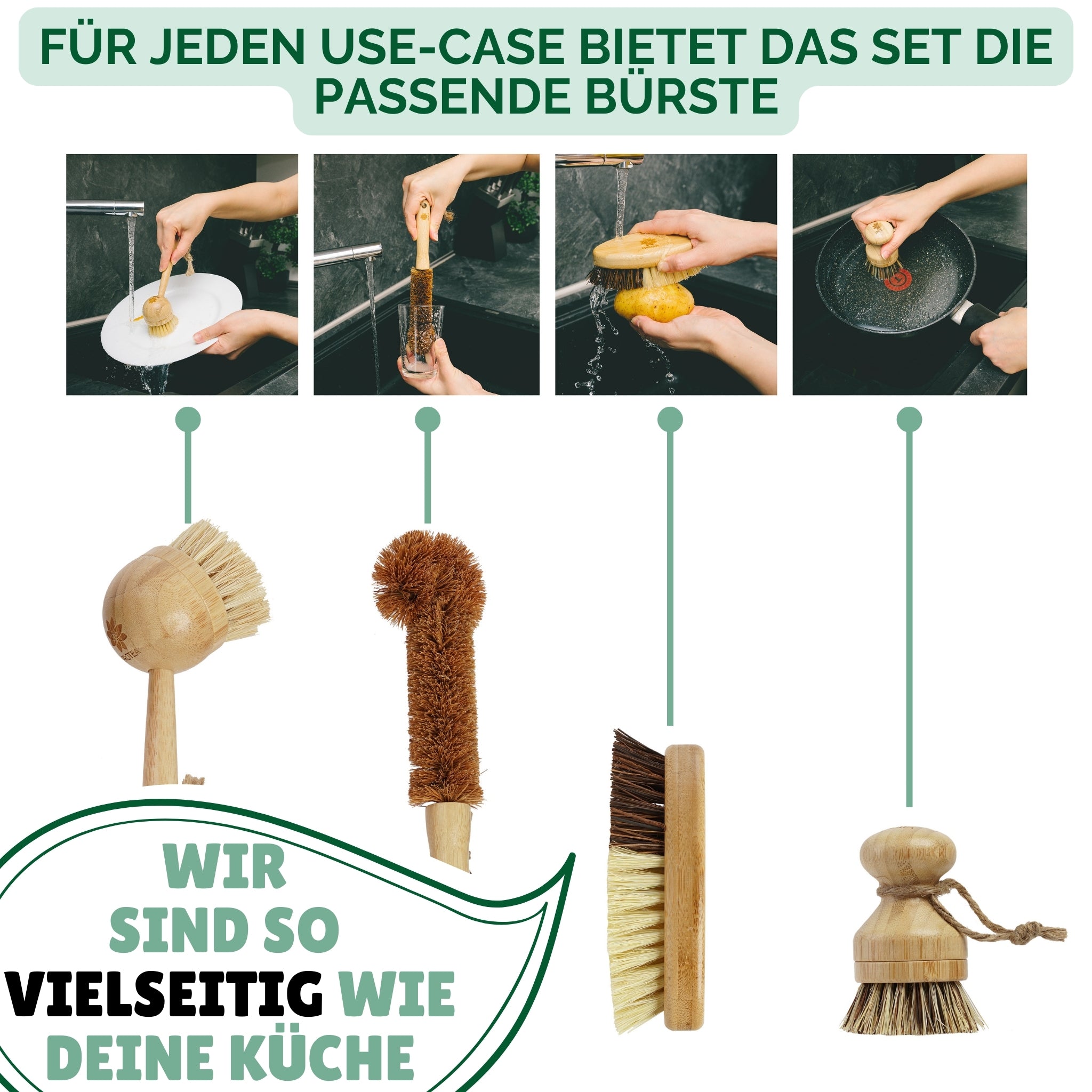 Unsere Spülbürste und Topfbürste aus Holz können ganz einfach mit einem neuen Wechselkopf ausgetauscht werden.