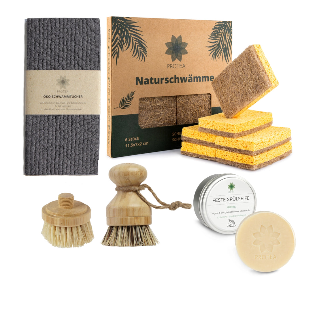 Küchen Starter-Set: Nachhaltige Spülschwämme, Öko-Schwammtücher & Spülbürste mit Ersatzkopf