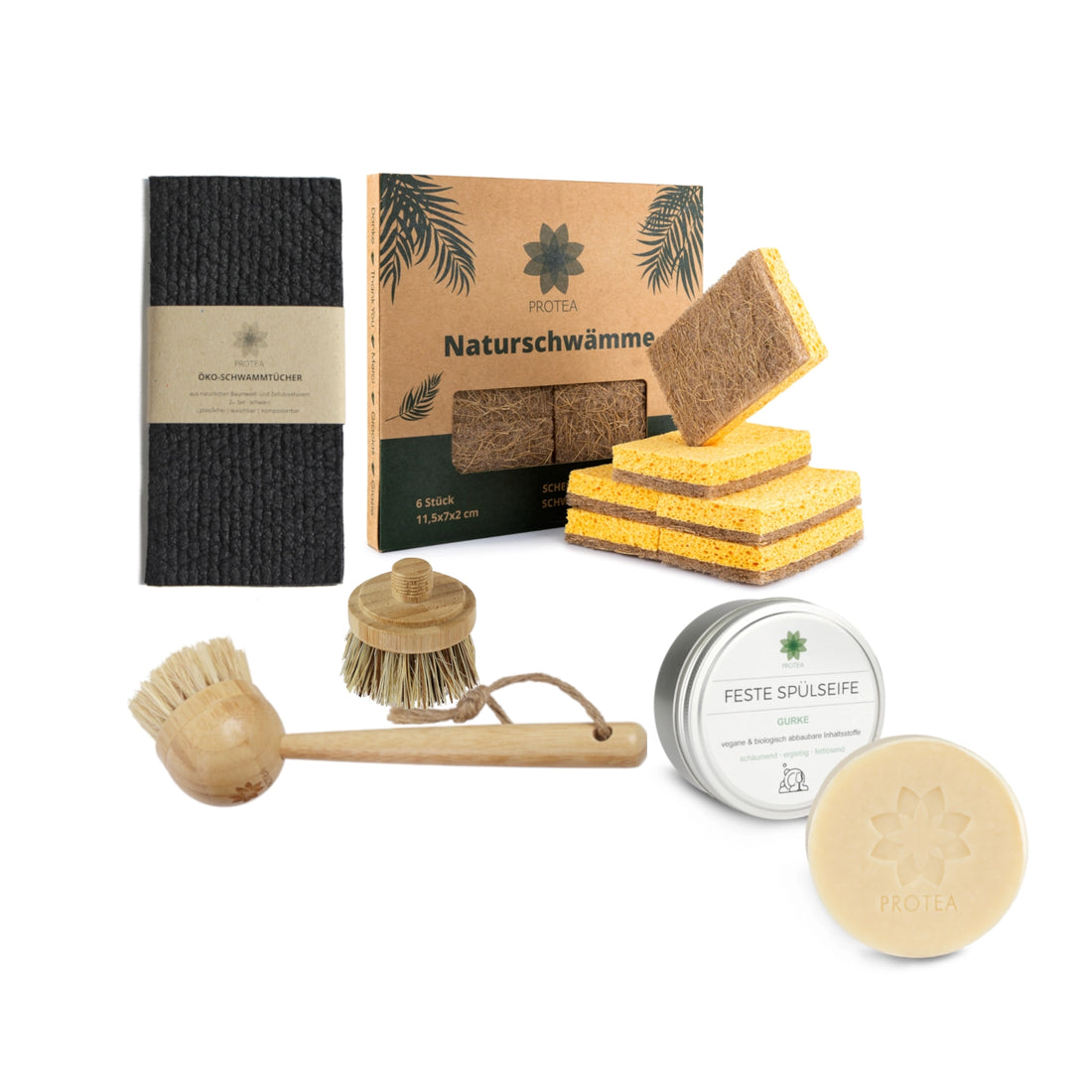 Küchen Starter-Set: Nachhaltige Spülschwämme, Öko-Schwammtücher & Spülbürste mit Ersatzkopf