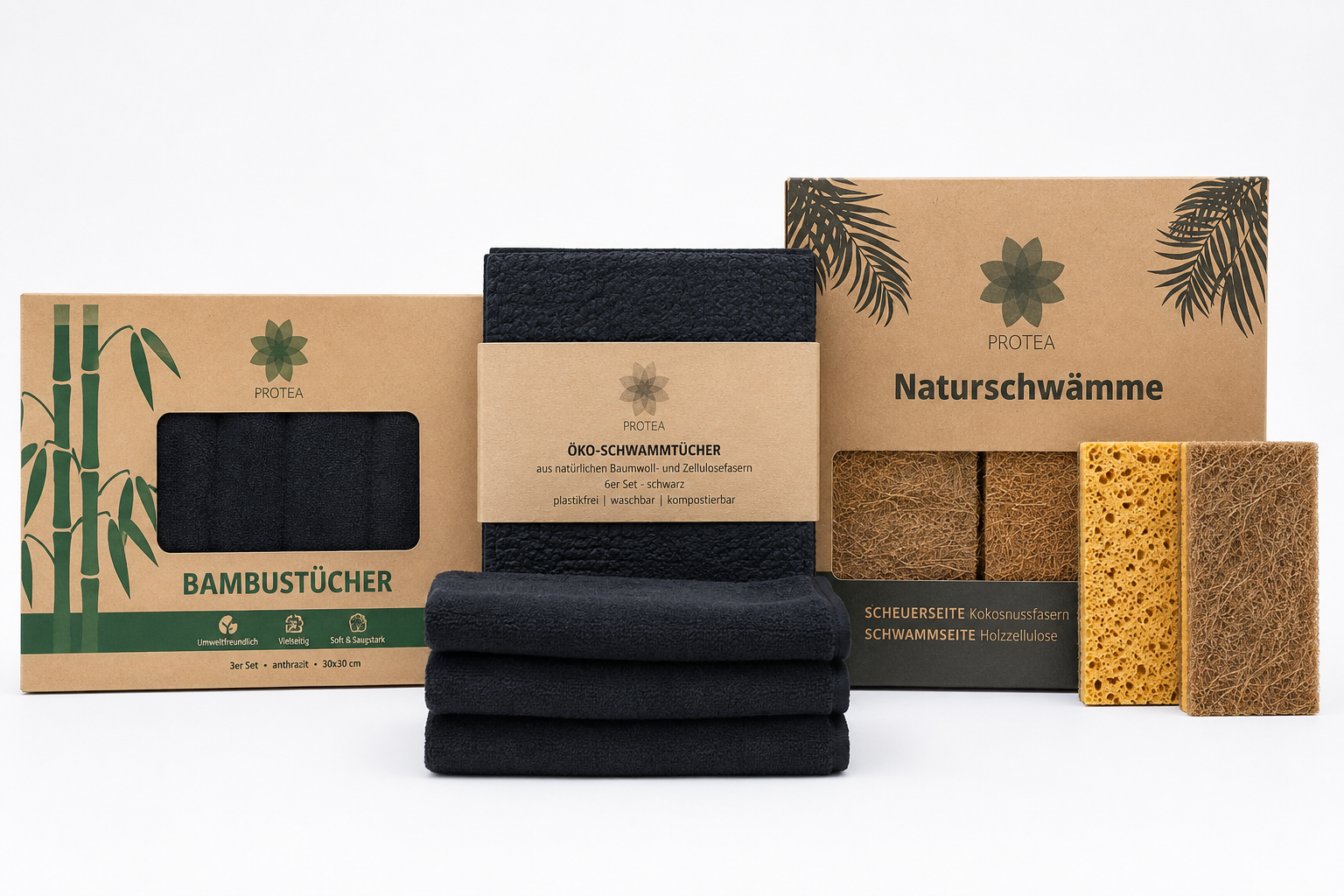 Besteller-Set: Nachhaltige Bambustücher, Öko-Spülschwämme & schwarze Schwammtücher