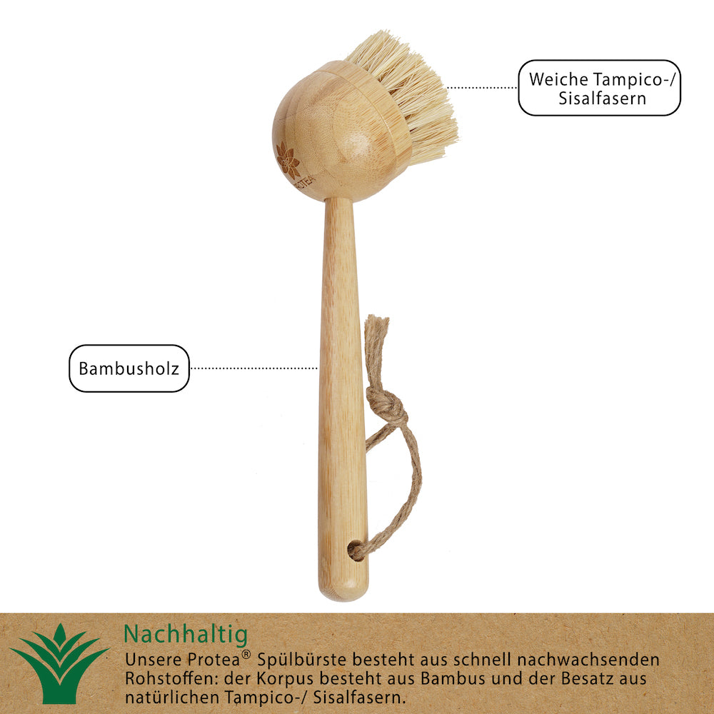 Unsere Spülbürste aus Holz besteht aus Bambusholz und weichen Sisalfasern ist damit aus schnell nachwachsenden Rohstoffen hergestellt. Unsere Spülbürste mit Wechselkäpfen ist damit eine umweltfreundliche Alternative zu Spülbürsten mit Saugnapf oder Spülbürstenhalter aus Kunststoff.