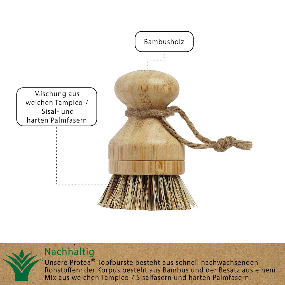 Unser Topfreiniger aus Holz besteht aus Bambusholz und Naturborsten aus einer Mischung aus Sisal- und Tampicofasern und ist damit aus schnell nachwachsenden Rohstoffen hergestellt. Unsere Topfbürste mit Wechselkäpfen ist damit eine umweltfreundliche Alternative zu Spülbürsten mit Saugnapf oder Spülbürstenhalter aus Kunststoff.