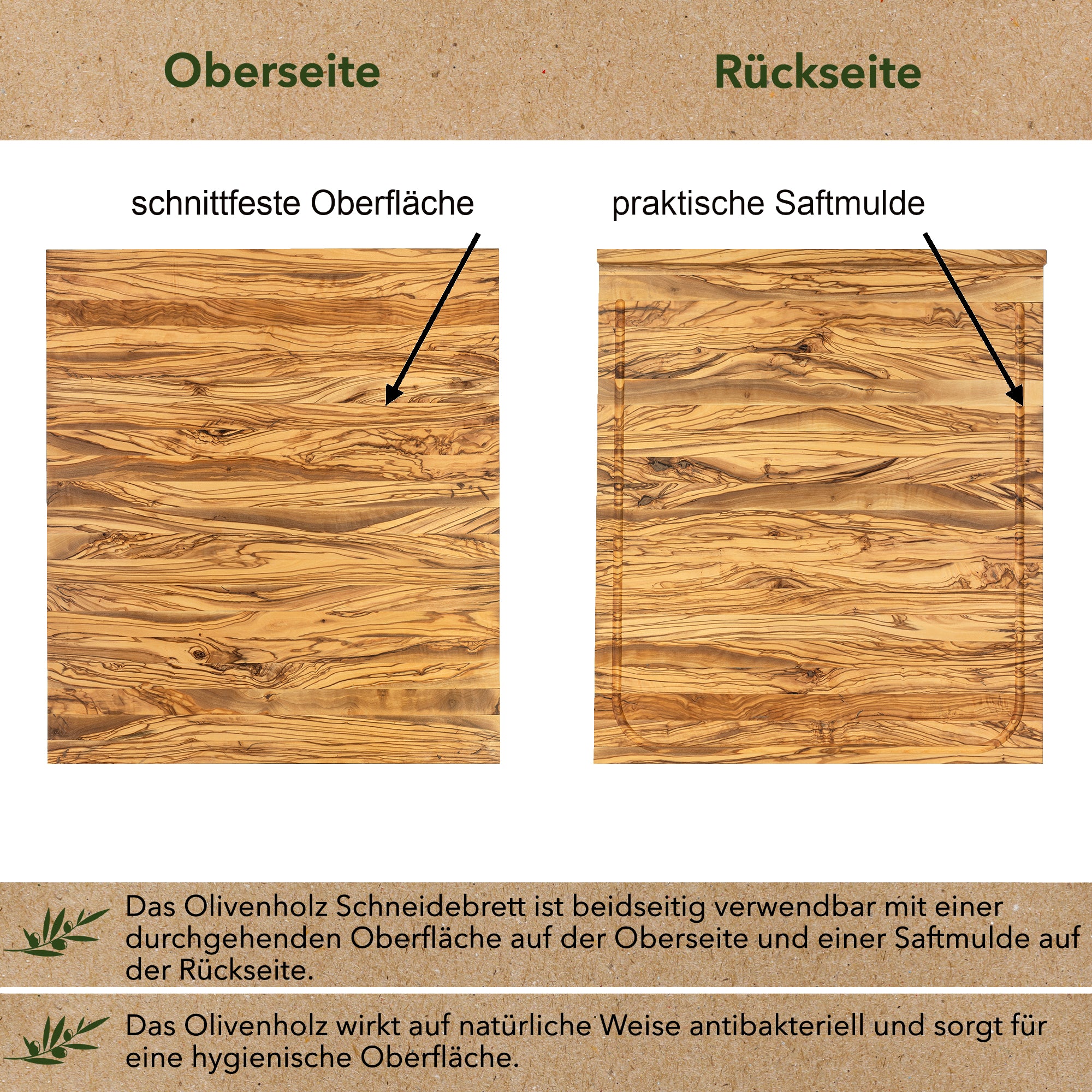 Unsere rustikalen Holzschneidebretter passen auf jede Tischplatte und überzeugen durch ihre schöne Olivenholzoptik. Bei uns kann man Olivenholz bretter kaufen in verschiedenen Größen, z.B. als Olivenholzbrett xxl.