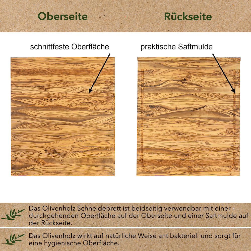 Unsere rustikalen Holzschneidebretter passen auf jede Tischplatte und überzeugen durch ihre schöne Olivenholzoptik. Bei uns kann man Olivenholz bretter kaufen in verschiedenen Größen, z.B. als Olivenholzbrett xxl.