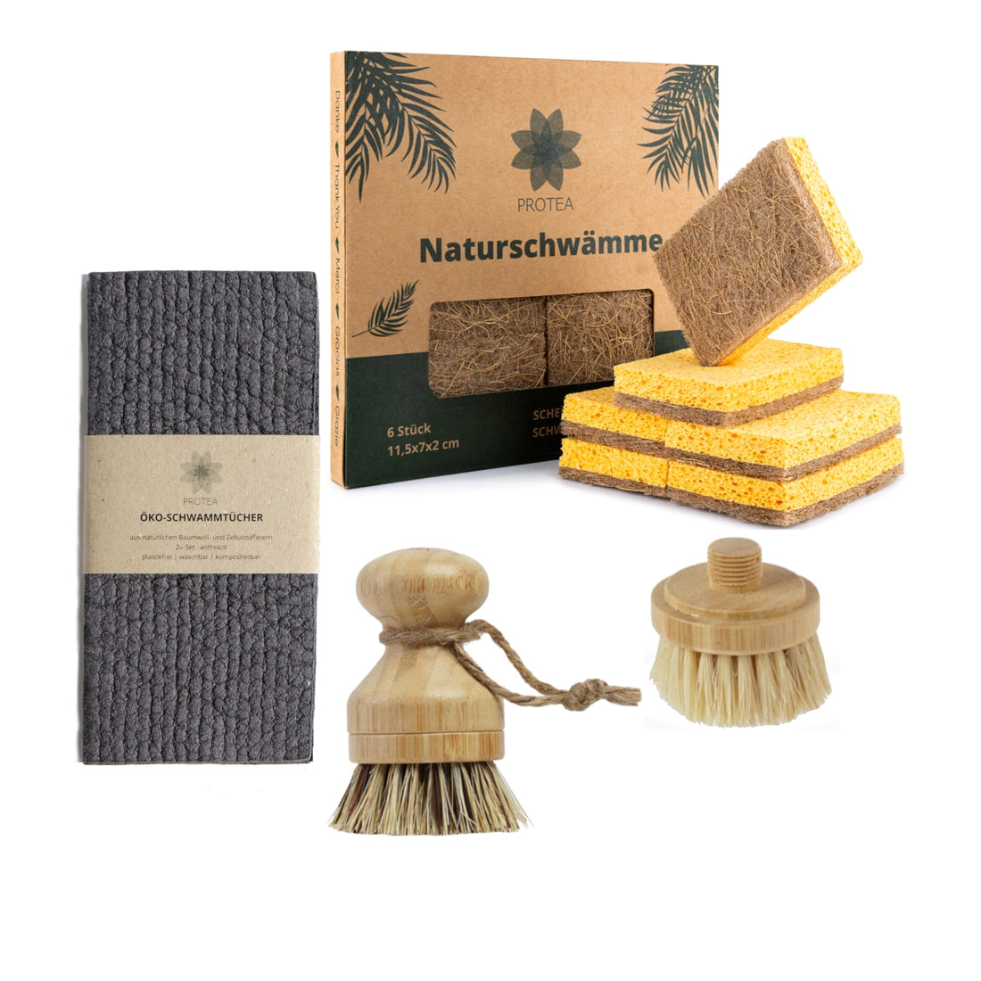 Küchen Starter-Set: Nachhaltige Spülschwämme, Öko-Schwammtücher & Spülbürste mit Ersatzkopf