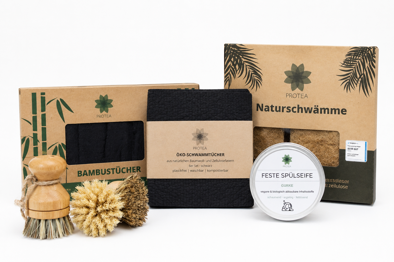 Küchen Premium-Set: Nachhaltige Spülschwämme, Öko-Schwammtücher, Bambustücher, feste Spülseife &amp; Topfbürste mit Ersatzköpfen