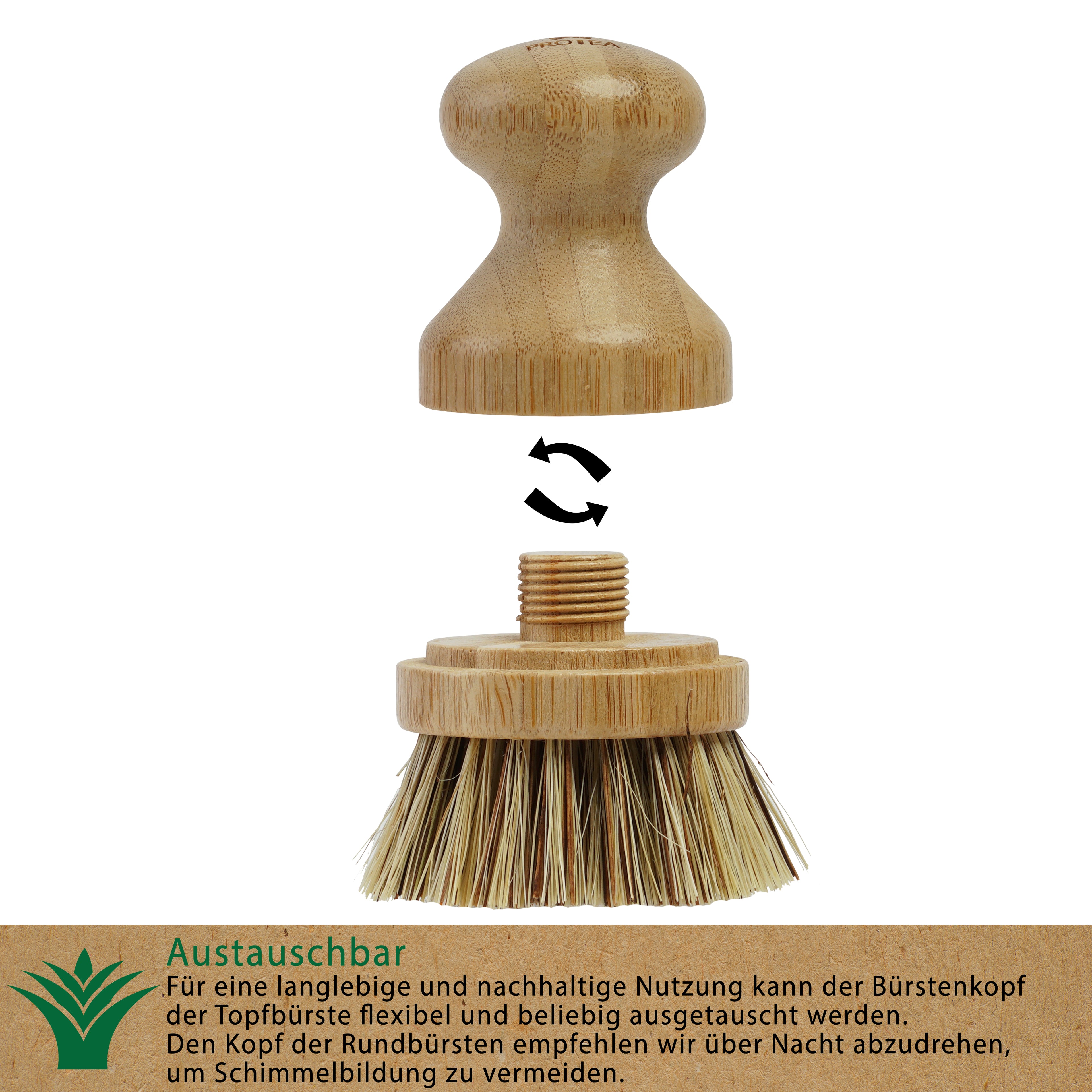 Unsere Topfbürste ist besonders langlebig und nachhaltig, da der Bürstenkopf aus Holz einfach ausgewechselt werden kann.