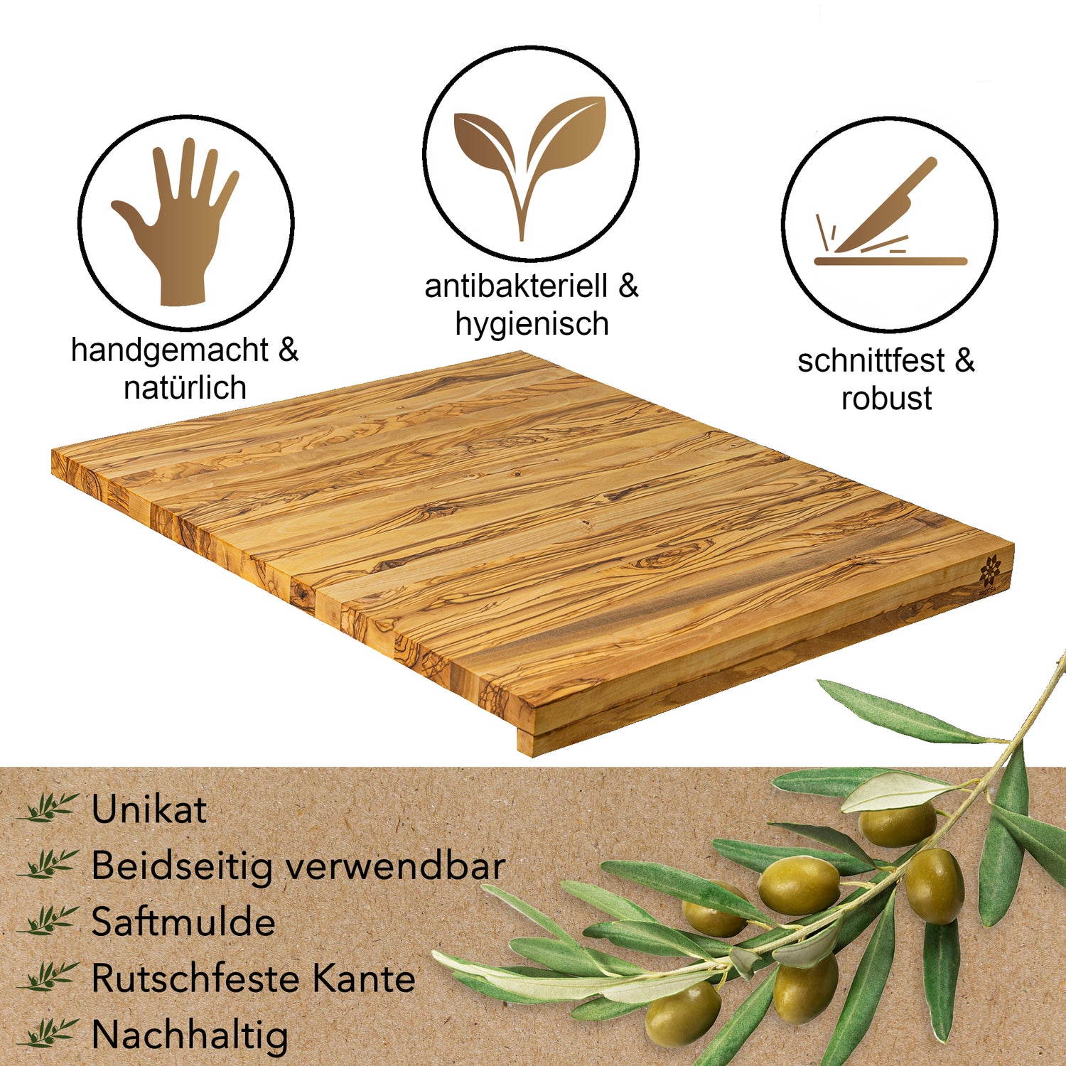 Unser Brett besitzt eine Naturkante und ist damit unser den Holzbrettern aus Olivenholz einzigartig. Durch die Anlegekante ist die massive Olivenholzplatte fest und erlaubt rutschfestes Arbeiten. 